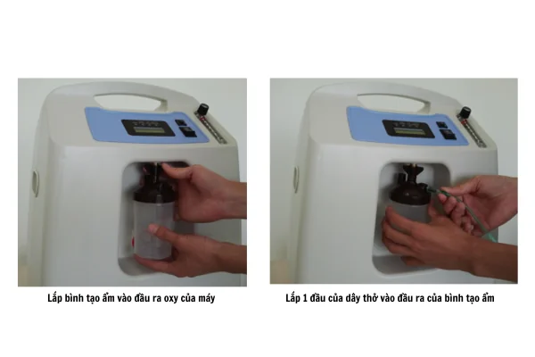 Cách lắp bình tạo ẩm và ống dẫn khí vào máy tạo oxy iMedicare