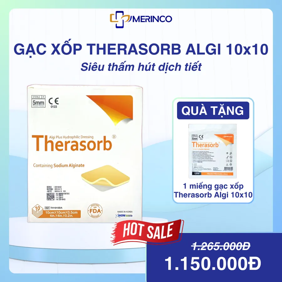 Gạc xốp siêu thấm hút dịch tiết vết thương Therasorb Algi Plus Hydrophilic 10cmx10cm (hộp)